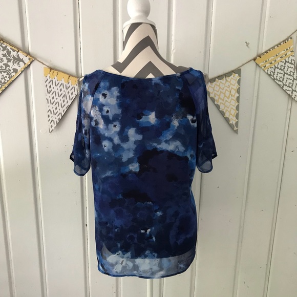 Milano Blue Watercolor Chiffon Cold Shoulder Top - Picture 3 of 8